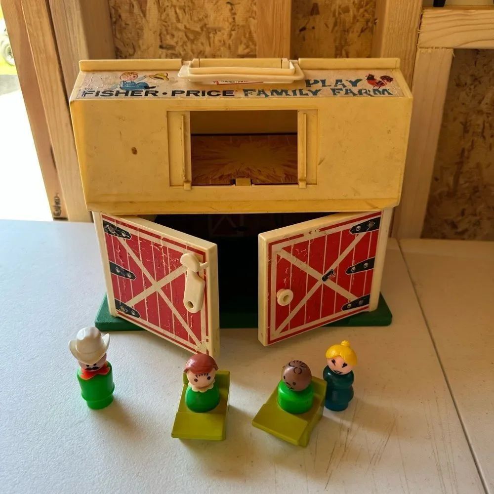 Vintage Fisher-Price Cream and Red Farm Playset with Figures